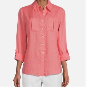 NWT Investment Gold Label Non-Iron Linen Roll-Tab Sleeve Relaxed Shirt Sz 18W